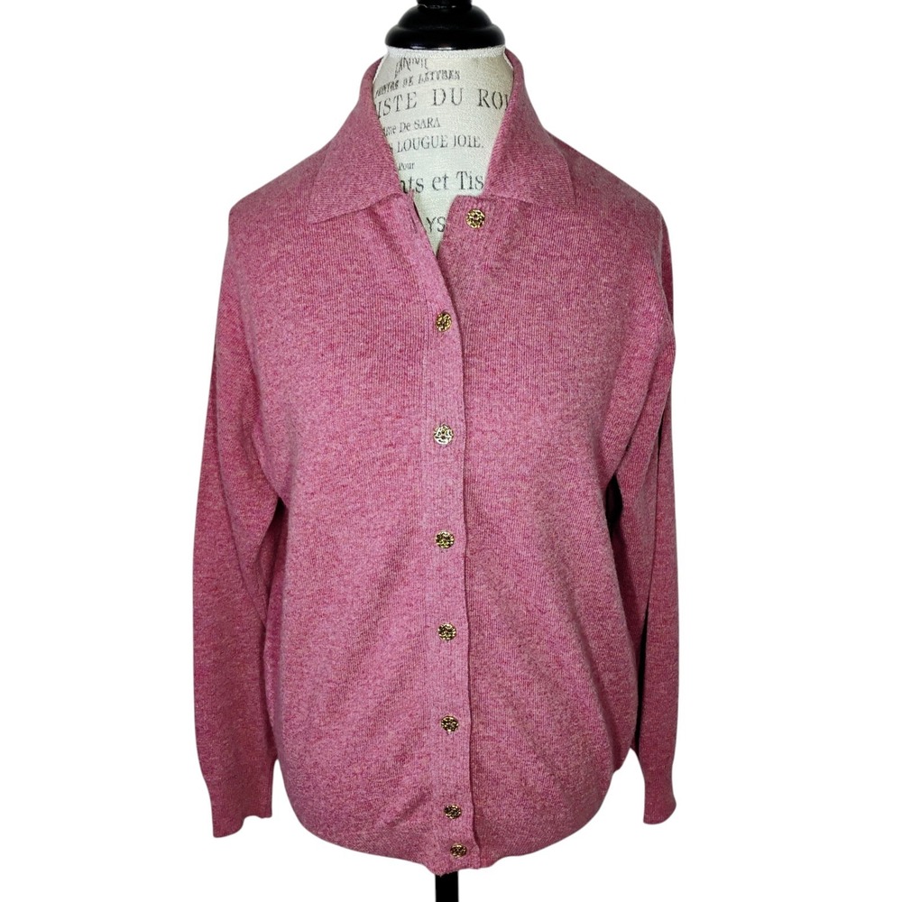 Vintage Andrew Stewart Scottish‎ Wool Cardigan Sweater Large Pink Classic Preppy